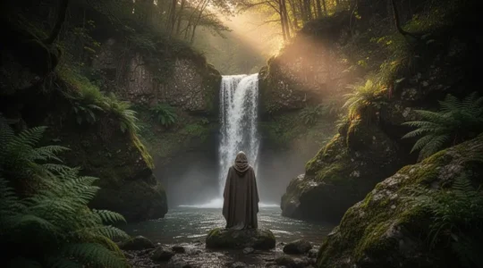 A lone traveller standing before a secluded UK waterfall surrounded by moss-covered rocks at dawn, with no crowds in sight