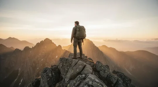 A lone hiker standing on a remote, untouched mountain summit at sunrise, overlooking an endless range of peaks with no trails or crowds in sight