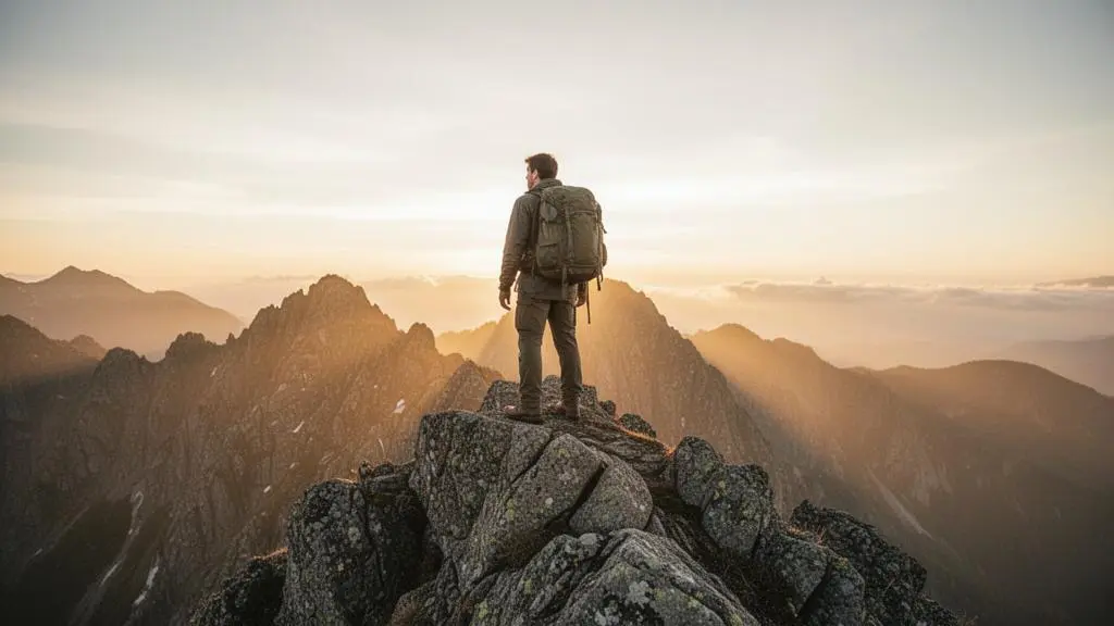 A lone hiker standing on a remote, untouched mountain summit at sunrise, overlooking an endless range of peaks with no trails or crowds in sight