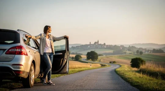 A traveler standing beside a parked car at golden hour, looking out over a winding countryside road leading toward distant hills, symbolizing time saved by choosing the right accommodation location.