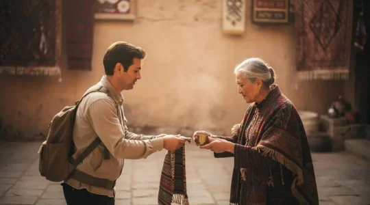 A traveler and a local artisan sharing a genuine, respectful moment during a regional cultural tradition