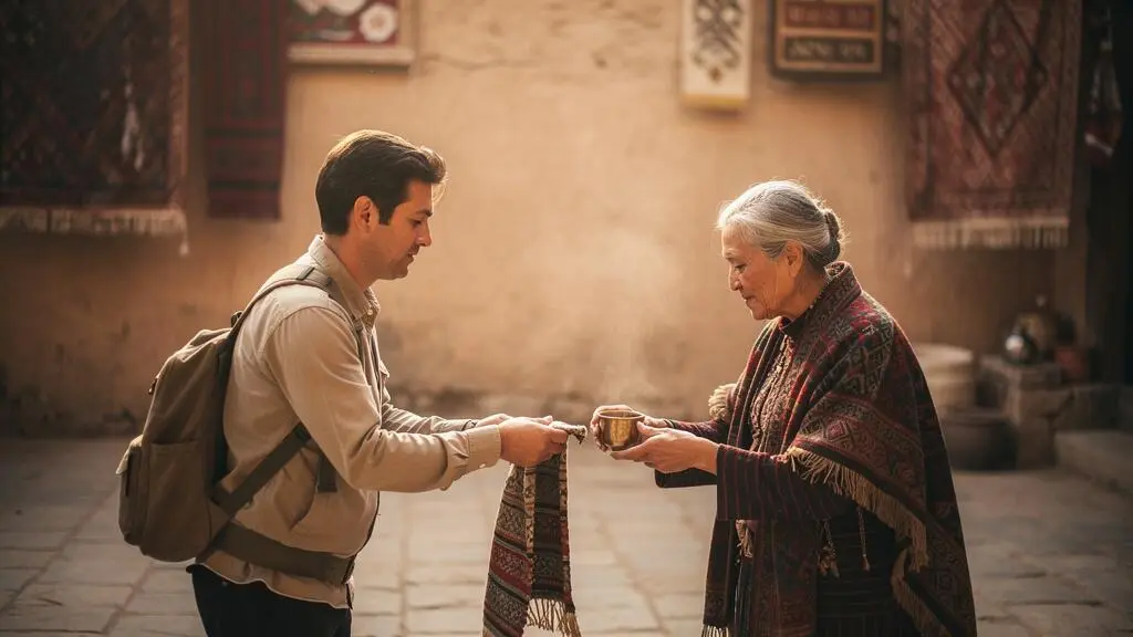 A traveler and a local artisan sharing a genuine, respectful moment during a regional cultural tradition