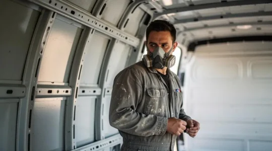 A van conversion builder wearing protective gear while working on the open metal shell of a camper van during insulation installation