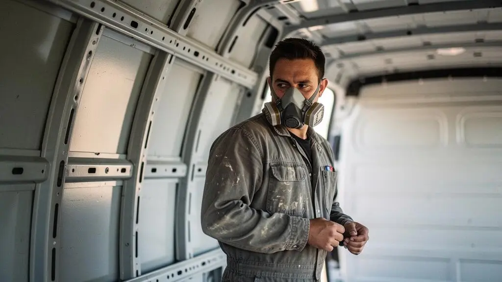 A van conversion builder wearing protective gear while working on the open metal shell of a camper van during insulation installation