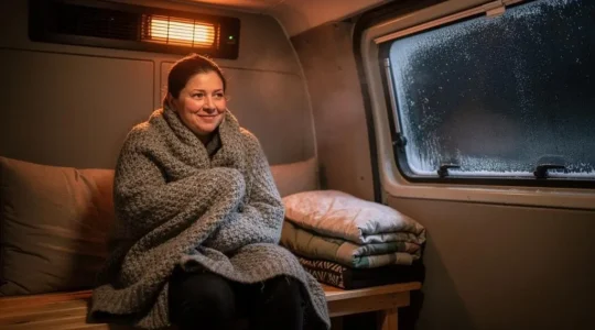 Person relaxing contentedly inside a warm, softly lit campervan interior at night while frost covers the window, symbolizing year-round comfort despite extreme outside temperatures
