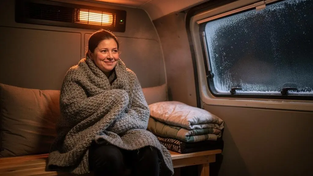 Person relaxing contentedly inside a warm, softly lit campervan interior at night while frost covers the window, symbolizing year-round comfort despite extreme outside temperatures