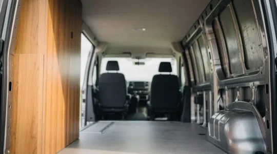 Close-up of a finished campervan interior wall showing warm wood paneling and metal framing in soft natural light