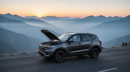 A car pausing on a winding mountain pass road at sunrise, dwarfed by dramatic peaks, symbolizing careful preparation before high-altitude travel.