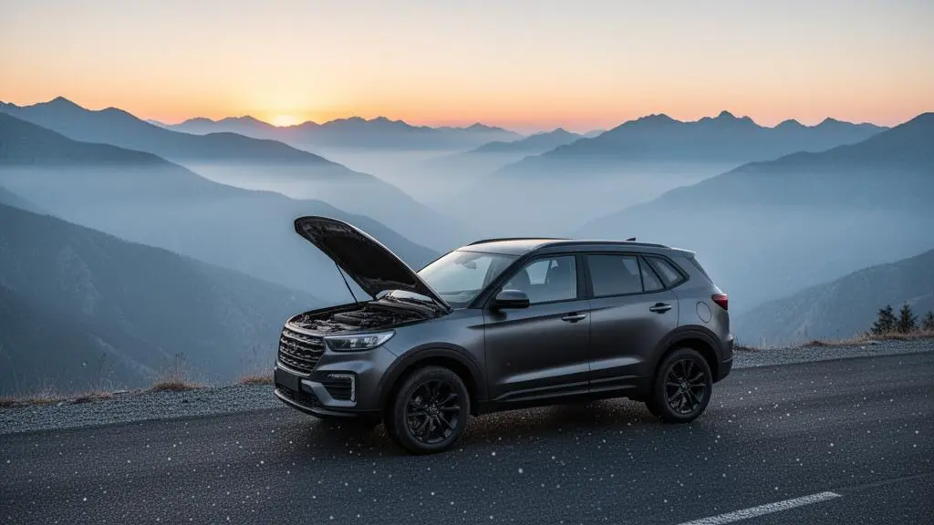 A car pausing on a winding mountain pass road at sunrise, dwarfed by dramatic peaks, symbolizing careful preparation before high-altitude travel.
