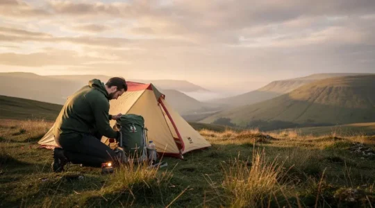 Lone hiker pitching a low-profile tent in a remote British highland landscape at dusk, symbolizing legal and responsible wild camping