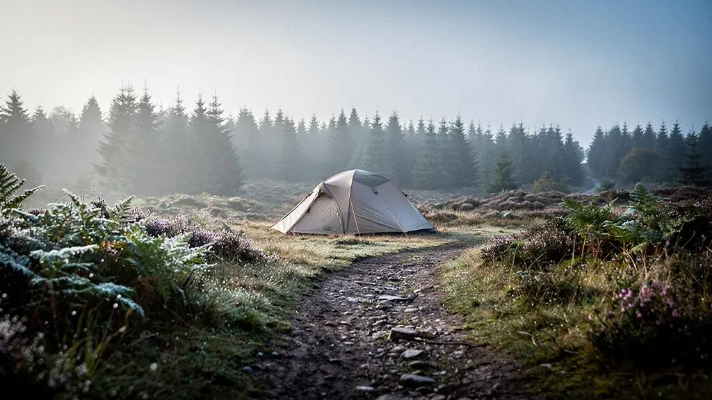 A small tent pitched at the edge of a misty UK conifer forest at dawn, symbolizing lawful wild camping on public land