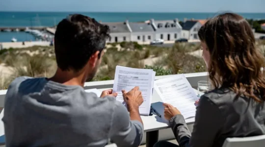 A couple seen from behind examining printed property documents at an outdoor wooden table with soft-focus Île de Ré coastal landscape in the background