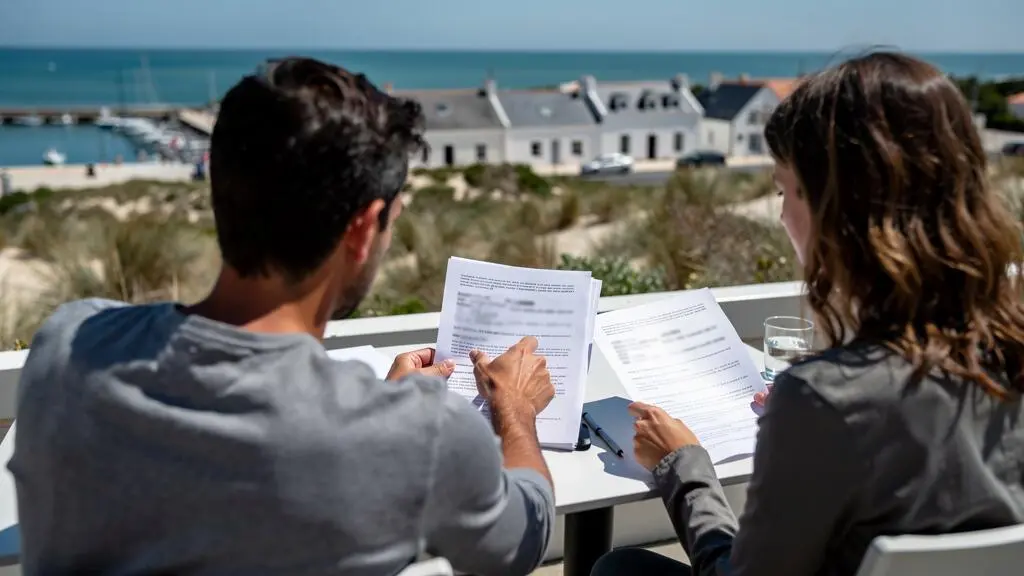 A couple seen from behind examining printed property documents at an outdoor wooden table with soft-focus Île de Ré coastal landscape in the background