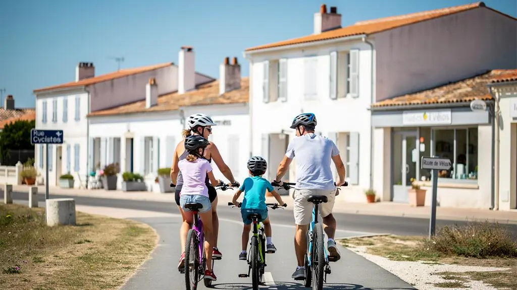 A family of four cycling along a tree-lined village path on Île de Ré, seen from behind, with traditional white houses visible in soft focus in the background