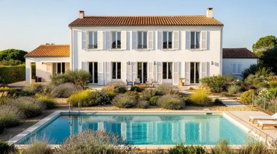 A traditional white-shuttered villa with terracotta roof tiles and a private swimming pool, surrounded by a garden with Mediterranean plants, under bright afternoon sunlight on Île de Ré