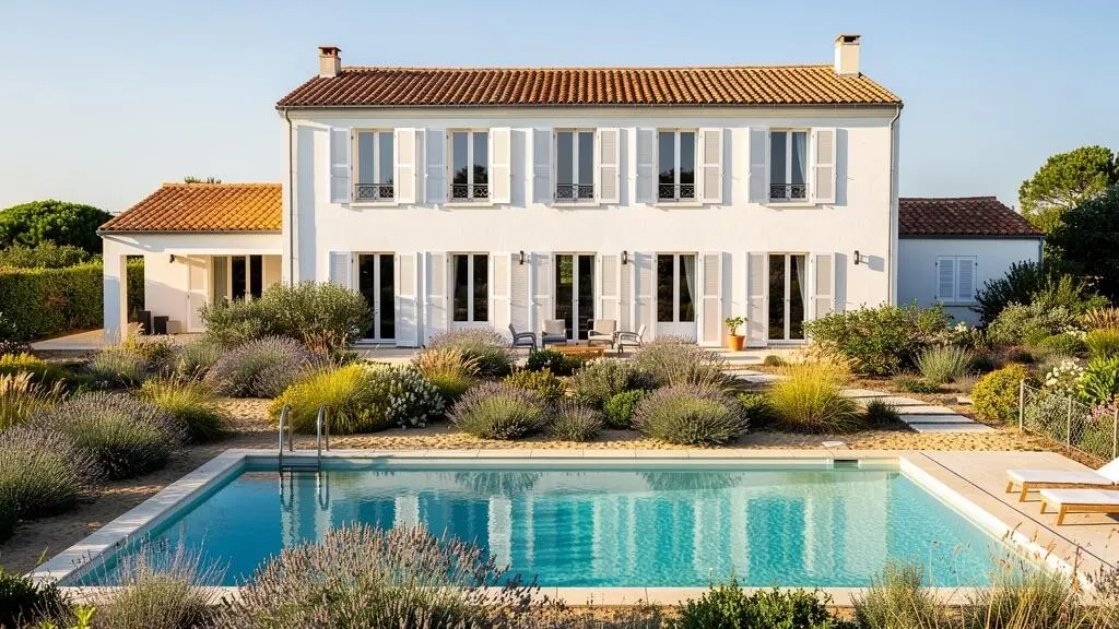 A traditional white-shuttered villa with terracotta roof tiles and a private swimming pool, surrounded by a garden with Mediterranean plants, under bright afternoon sunlight on Île de Ré