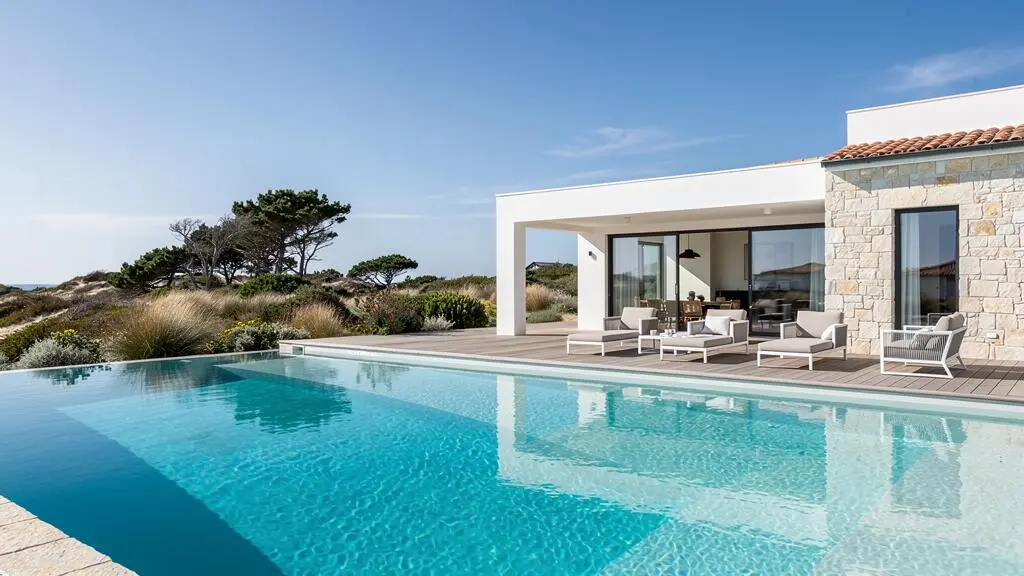 Wide-angle view of a modern luxury villa private swimming pool area on Île de Ré, empty scene in bright daylight showing pool dimensions and quality outdoor furniture with coastal vegetation