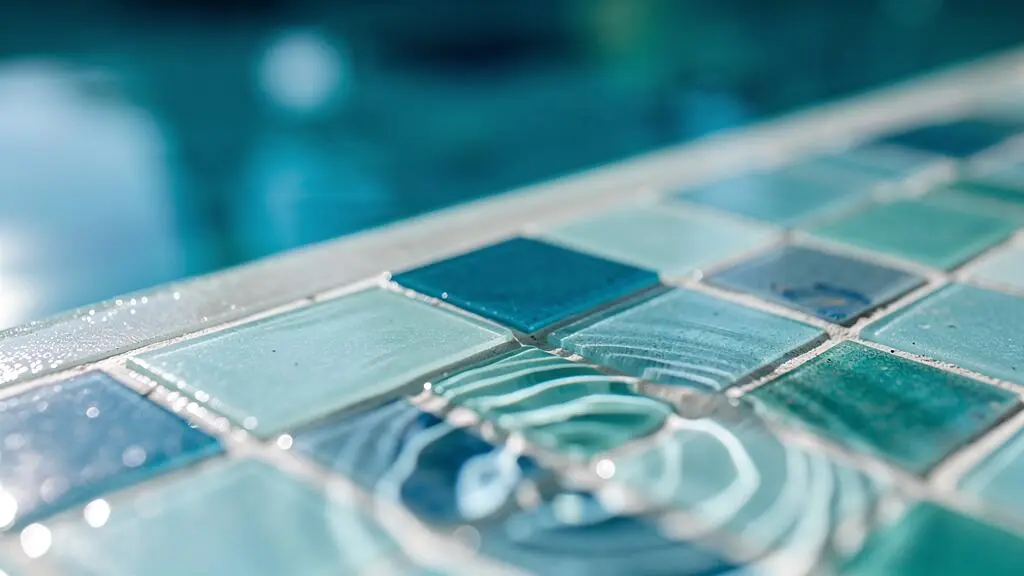 Extreme close-up of contemporary turquoise pool mosaic tiles with gentle water ripples catching natural light