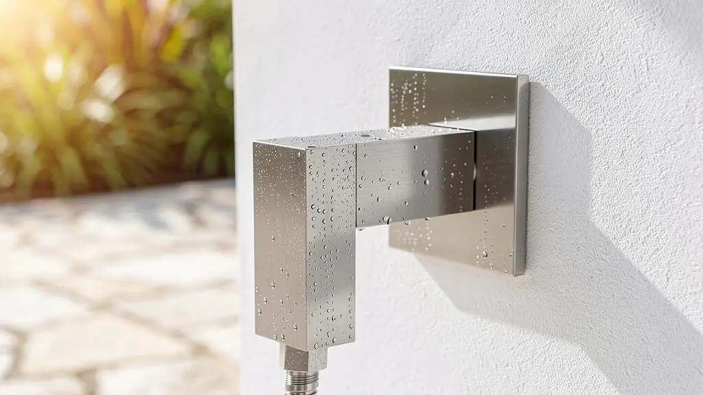 Extreme close-up of a contemporary stainless steel outdoor shower fixture on a villa terrace, with soft-focus garden greenery in the background