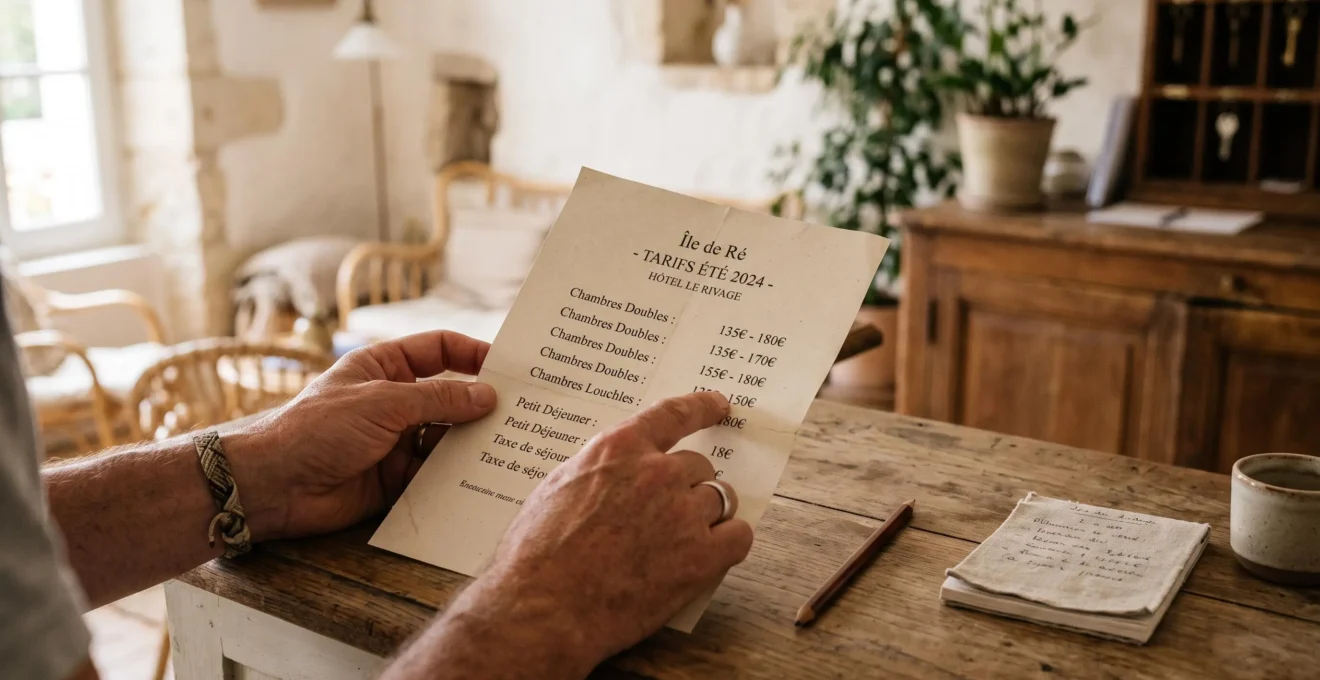 Hands reviewing a printed price sheet at a hotel reception desk.