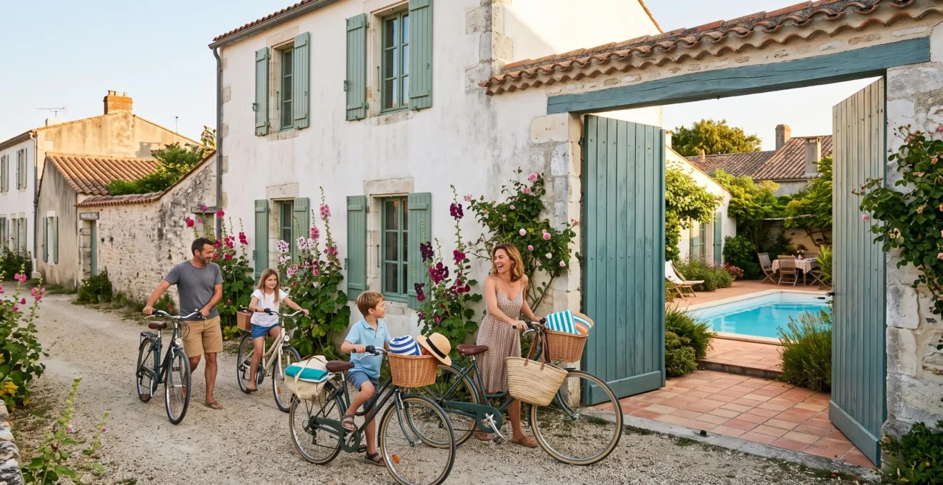 A family arriving at a whitewashed villa with green shutters on Île de Ré.