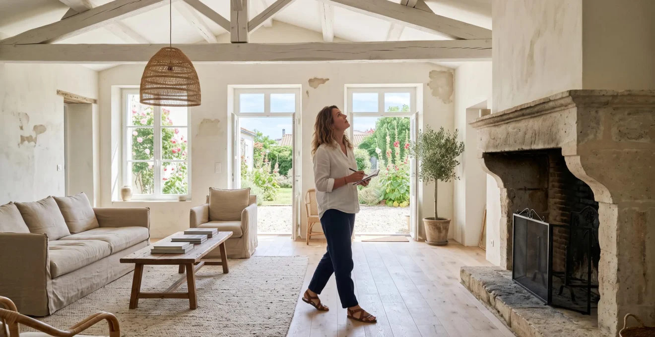 A guest inspecting exposed beams in a bright renovated villa living room.